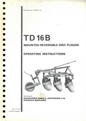 Ransomes TD16B Mounted Reversible Disc Plough Operators Manual with Parts List