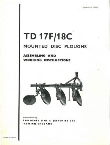 Ransomes TD17F and TD18C Mounted Disc Plough Operators Manual with Parts List