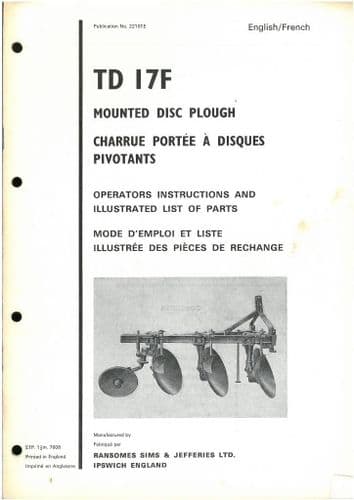 Ransomes TD17F Mounted Disc Plough Operators Manual with Parts List