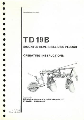Ransomes TD19B Mounted Reversible Disc Plough Operators Manual with Parts List