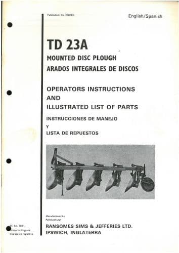 Ransomes TD23A Mounted Disc Plough Operators Manual with Parts List