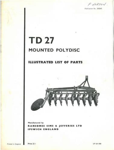 Ransomes TD27 Mounted Polydisc Plough Parts List
