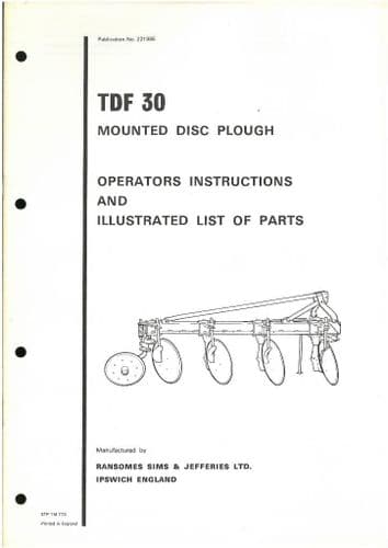 Ransomes TDF30 Mounted Disc Plough Operators Manual with Parts List - TDF 30