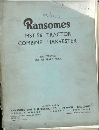 Ransomes Tractor Combine Harvester MST56 - Parts Manual - MST 56
