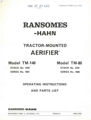 Ransomes Tractor Mounted Aerifier for Tractor TM-140 TM-80 Operators Manual with Parts List