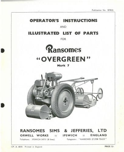 Ransomes Tractor Overgreen  Motor Mower Mark 7 Mk7 Operators Manual with Parts List