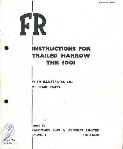 Ransomes Trailed Harrow THR3001 Operators Manual with Parts List - THR 3001