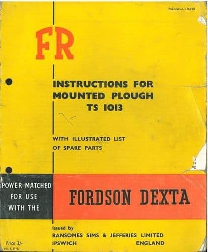 Ransomes TS1013 FR Mounted Plough Operators Manual with Parts List