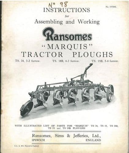 Ransomes TS18B TS19B TS34 Marquis Plough Operators Manual & Parts List