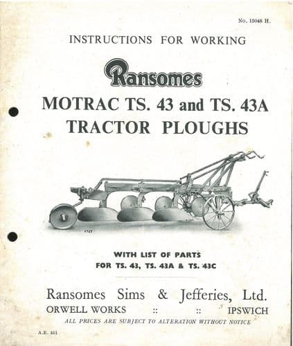 Ransomes TS43 & TS43A Motrac Plough Operators Manual & Parts List