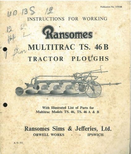 Ransomes TS46B Multitrac Tractor Plough Operators Manual and Parts List