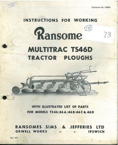Ransomes TS46D Multitrac Tractor Plough Operators Manual and Parts List