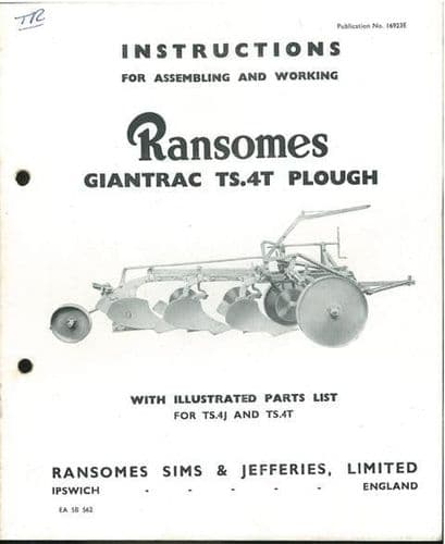 Ransomes TS4T Giantrac Plough Operators Manual with Parts List