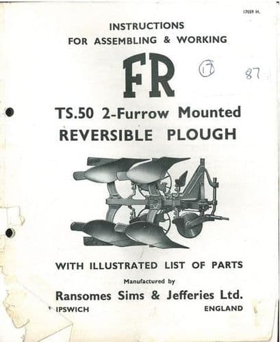 Ransomes TS50 Mounted Reversible Plough Operators Manual with Parts List
