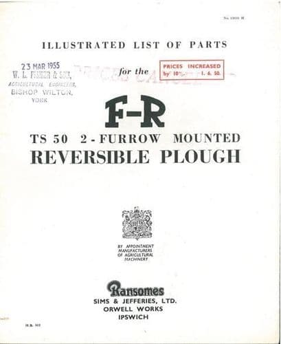 Ransomes TS50 Mounted Reversible Plough Parts Manual