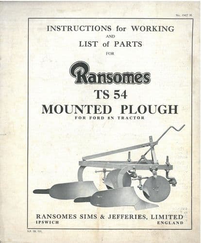 Ransomes TS54 Mounted Plough - Operators Manual & Parts List - TS54