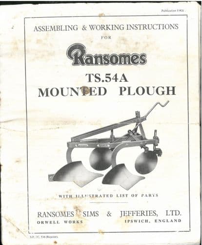 Ransomes TS54A Mounted Plough Operators Manual & Parts List