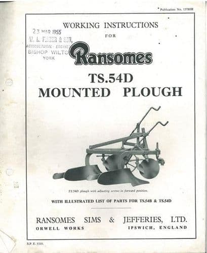Ransomes TS54D Mounted Plough Operators Manual & Parts List