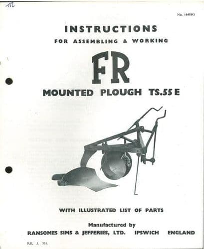 Ransomes TS55E FR Mounted Plough Operators Manual & Parts List