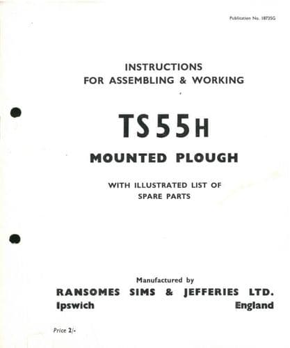 Ransomes TS55H Mounted Plough Operators Manual & Parts List - TS55 H