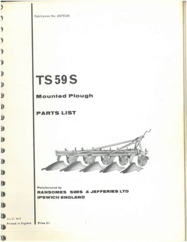 Ransomes TS59S Mounted Plough Operators Parts List