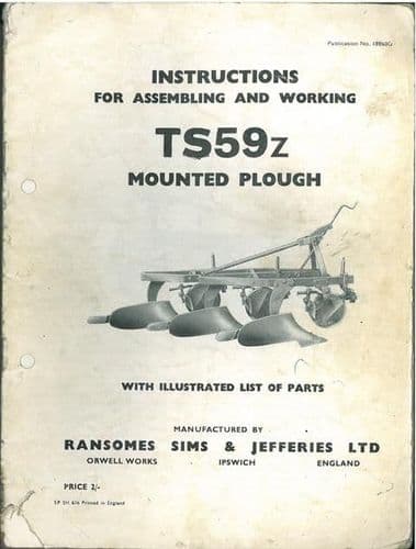 Ransomes TS59Z Mounted Plough Operators Manual with Parts List