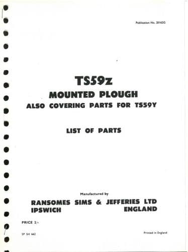 Ransomes TS59Z Mounted Plough Parts Manual - also covering parts for TS59Y