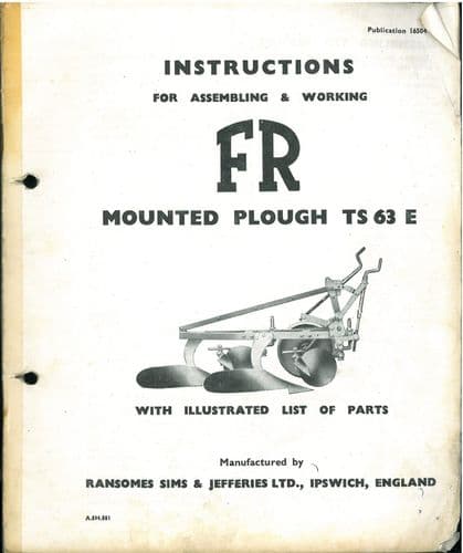 Ransomes TS63E Mounted Plough Operators Manual with Parts List