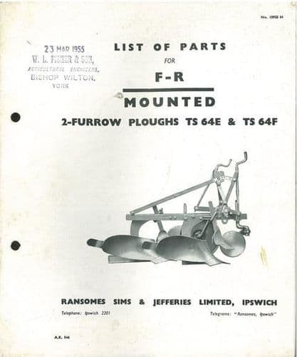 Ransomes TS64E & TS64F FR Mounted Plough Parts Manual