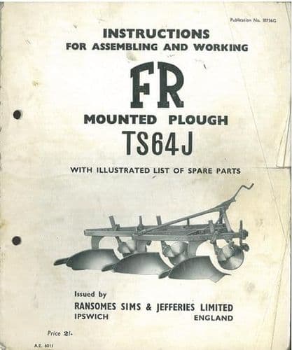 Ransomes TS64J FR Mounted Plough Operators Manual with Parts List