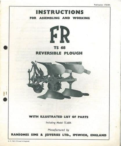 Ransomes TS68 & TS68A FR Reversible Plough Operators Manual with Parts List