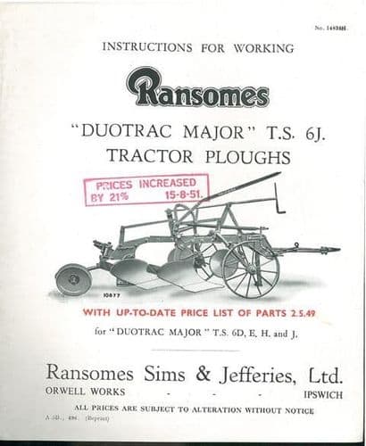 Ransomes TS6J Duotrac Major Tractor Plough Operators Manual with Parts List