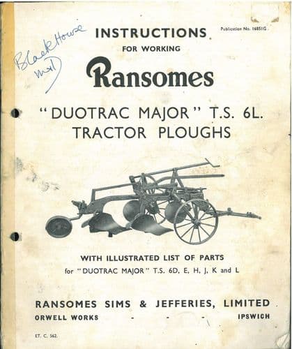 Ransomes TS6L Duotrac Major Tractor Plough Operators Manual with Parts List