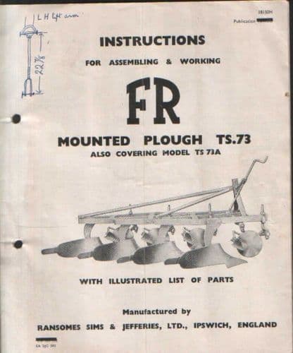 Ransomes TS73 & TS73A FR Mounted Plough Operators Manual with Parts List
