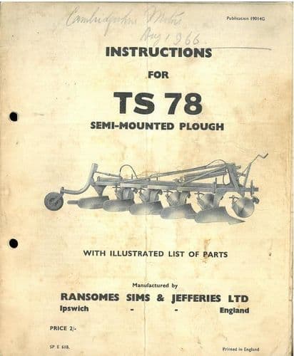 Ransomes TS78 Semi-Mounted Plough Operators Manual with Parts List