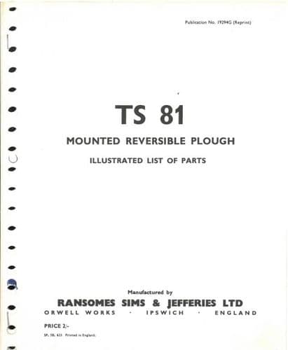 Ransomes TS81 Mounted Reversible Plough Parts Manual