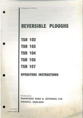 Ransomes TSR102 TSR103 TSR104 TSR105 TSR107 Reversible Plough Operators Manual