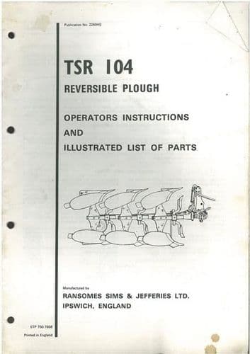 Ransomes TSR104 Reversible Plough Operators Manual & Parts List