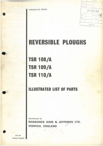 Ransomes TSR108A TSR109A TSR110A Reversible Plough Operators Manual - ORIGINAL