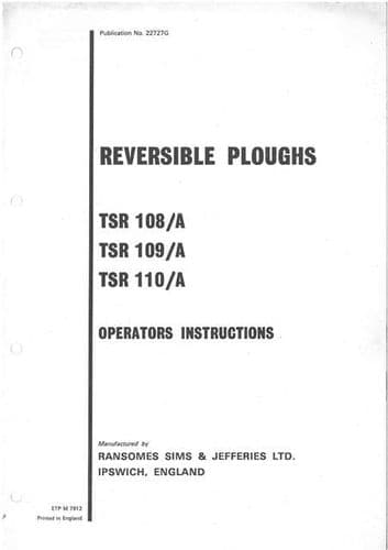 Ransomes TSR108A TSR109A TSR110A Reversible Plough Operators Manual