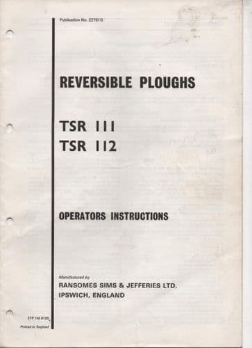Ransomes TSR111 & TSR112 Reversible Ploughs Operators Instructions Manual