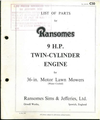 Ransomes Twin Cylinder Engine 9 H.P. Parts Manual - 9HP