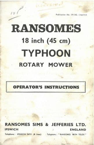 Ransomes Typhoon 18 Inch Mower Operators Manual with Parts List