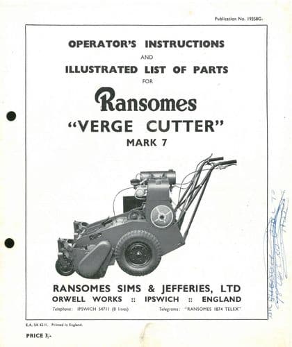 Ransomes Verge Cutter Mower Lawnmower (mark 7) Operators Manual with Parts List
