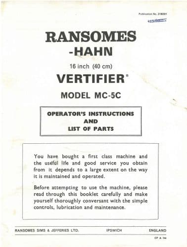Ransomes Vertifier 16" MC-5C Operators Manual with Parts List 16 Inch