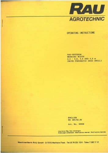 Rau Agrotechnic Pneumatic Seed Drill Rotosem Operators & Parts Manual