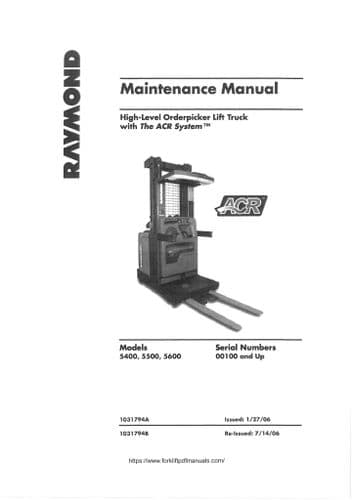 Raymond Orderpicker Lift Truck 5400 5500 5600  Operators Manual