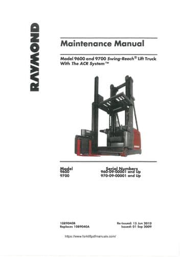 Raymond Swing-Reach Lift Truck  9600 9700 Operators Manual