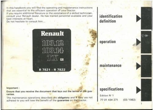 Renault Tractor 103.12 TX & 103.14 TX Operators Manual