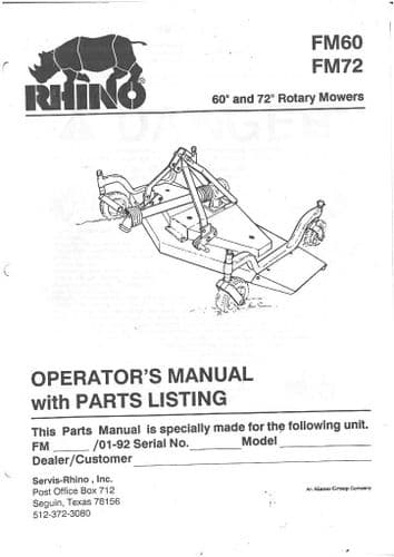 Rhino FM60 & FM72 Mower Topper Operators Manual with Parts List